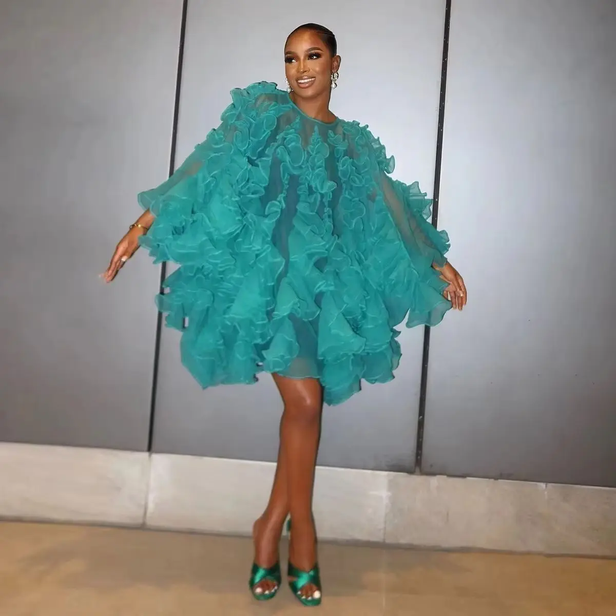 

Illusion Ruffled Chiffon Short Prom Event Gala Dress Sheer Cute Women Birthday Party Dresses Hippie Style Teal Blue Mini Dress