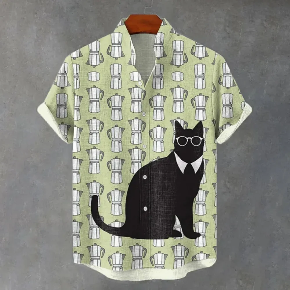 

Men's Cool Black Cat Printed Hawaiian Shirt Moka Coffee Pot Pattern Stand up Collar Short Sleeve Button Casual Beach Shirt