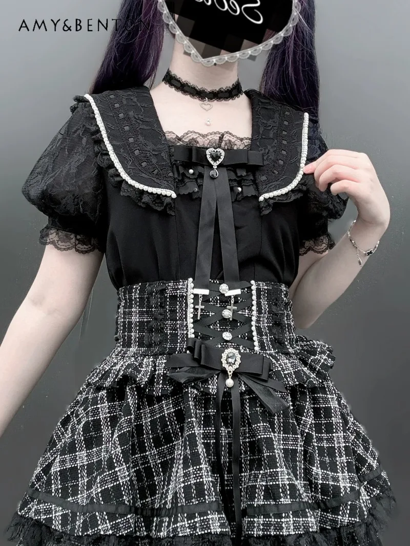 

Original Design Mass-produced Lolita Short-sleeved Shirt Top Japanese Mines Cute Navy Collar Bow Lace Bubble Sleeve Shirt Summer