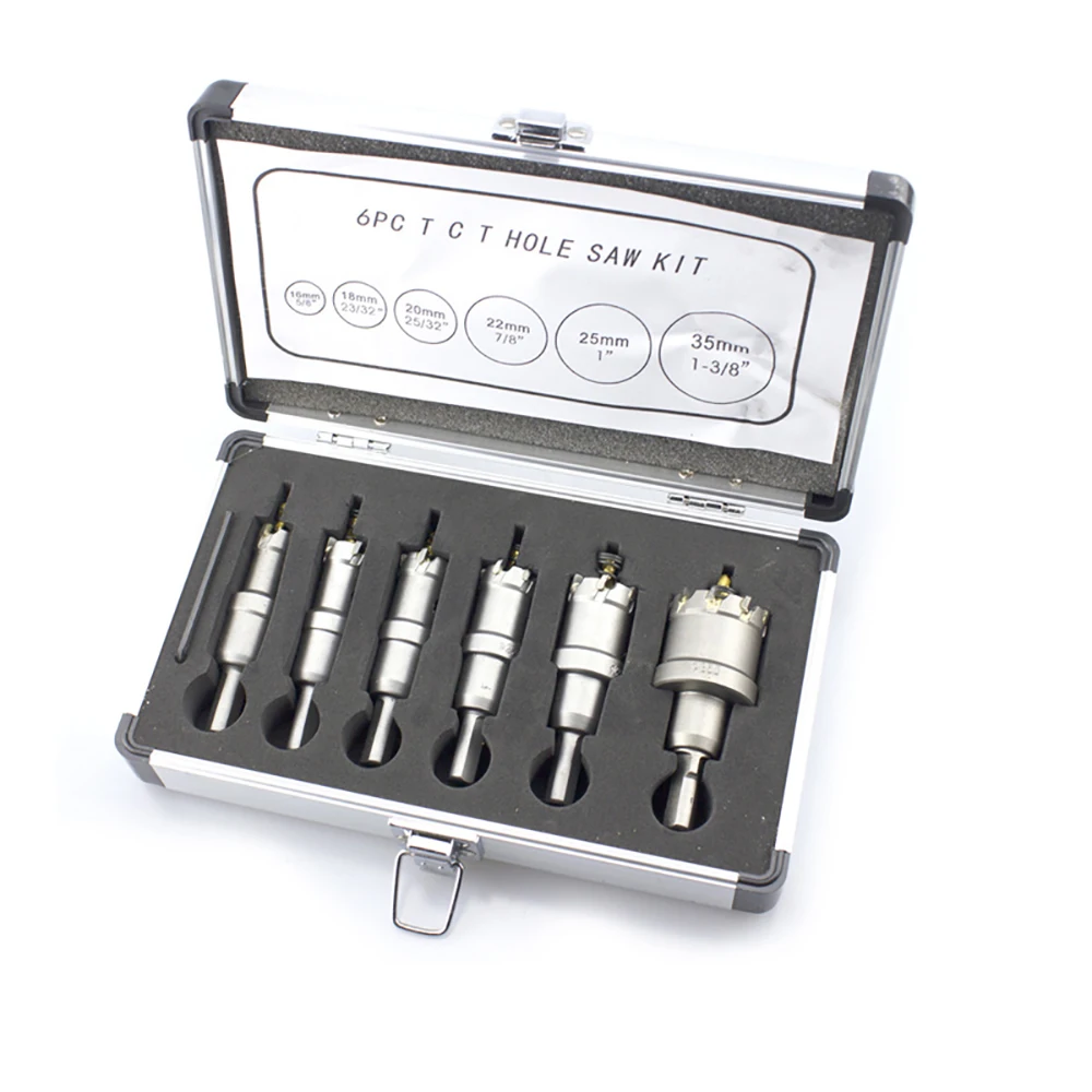 TCT 6 buah Set mata bor lapisan Titanium, Set 6 buah mata bor pembuka lubang logam baja tahan karat pelat besi dengan kotak aluminium