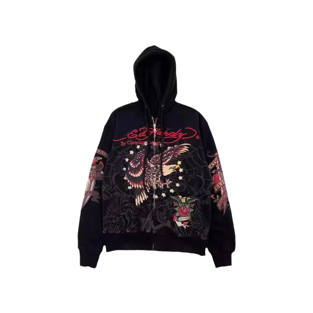 American Street Fashion Loose Hoodies Y2K Harajuku Printed Zip Up Unisex Hip Hop Sweatshirts Oversize Trendy Zipper Jacket Coats