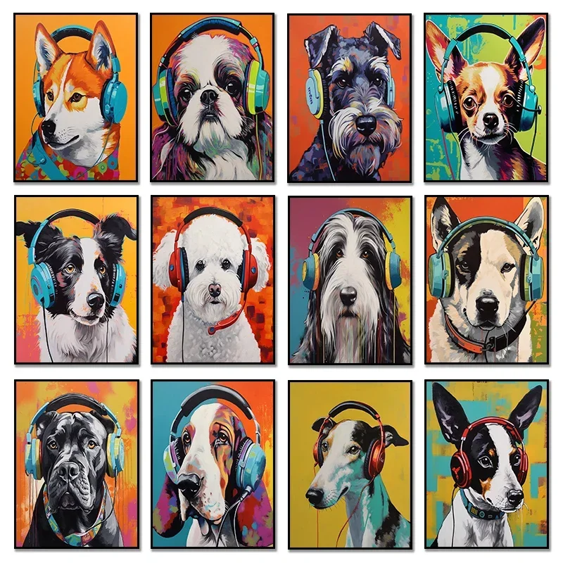 Abstract Colorful Graffiti Animal Wearing Headphones Poster Dogs Wall Art Pictures Canvas Painting Living Room Home  Cuadro