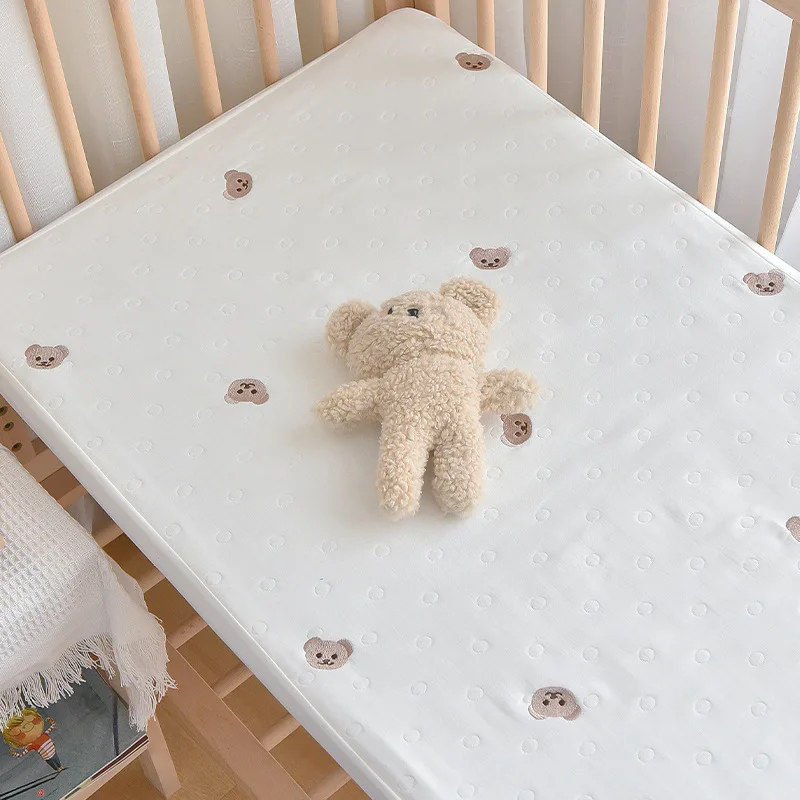 

Baby Cot Crib Fitted Sheet Bear Bunny Embroidered Kids Bed Sheet 6 layer Cotton Muslin Mattress Cover Protector Make Custom Size