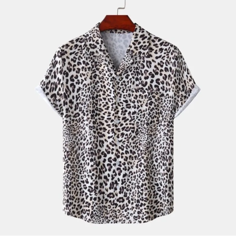 Fashion Leopard Print Summer Men\'s Shirts Casual Oversized Short Sleeve Fashion Single-Breasted Blouses Trend Tops Men Clothing