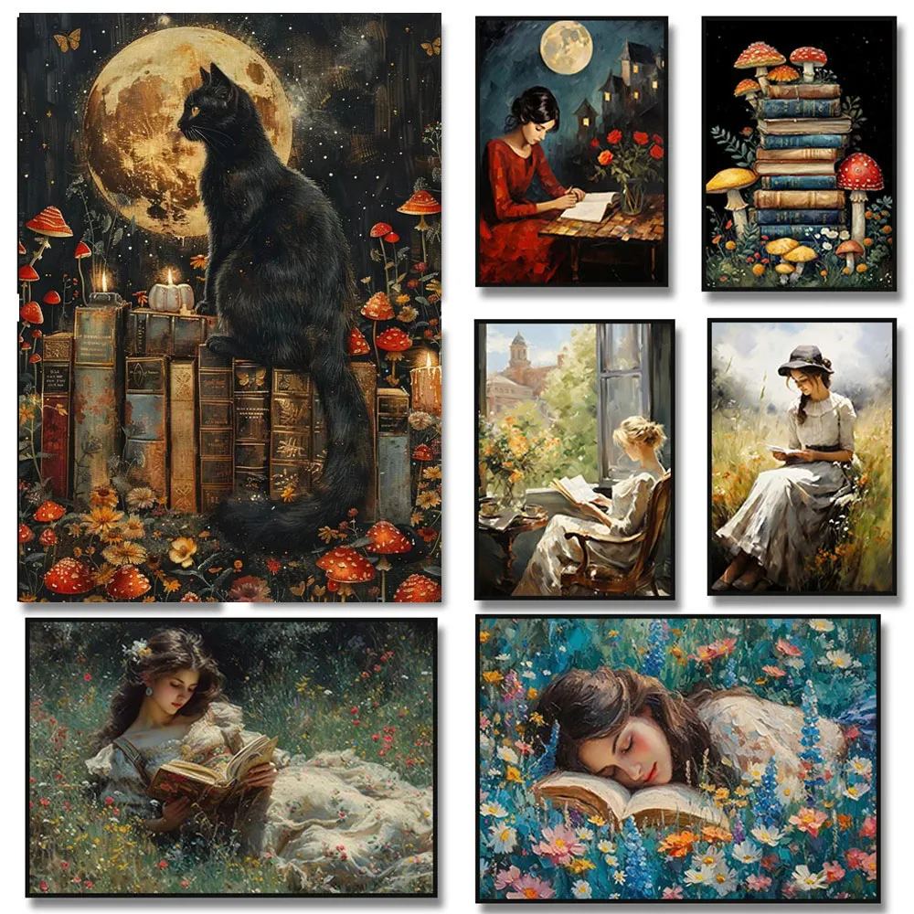 

Vintage Elegant Lady Reading Book Diy Diamond Painting Embroidery Black Cat Books Mosaic Picture Of Rhinestones Girl Room Decor