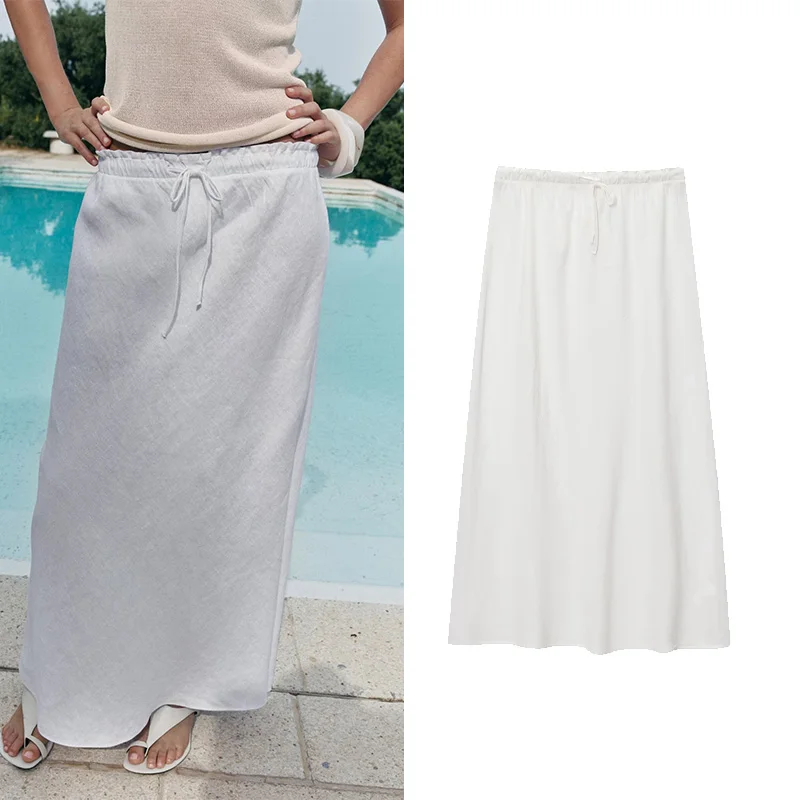 

TRAF Simple Midi Skirt Women Summer Mid Rise Skirt Casual Adjustable Drawstring Lady Skirts Women's Flared Hem Skirt