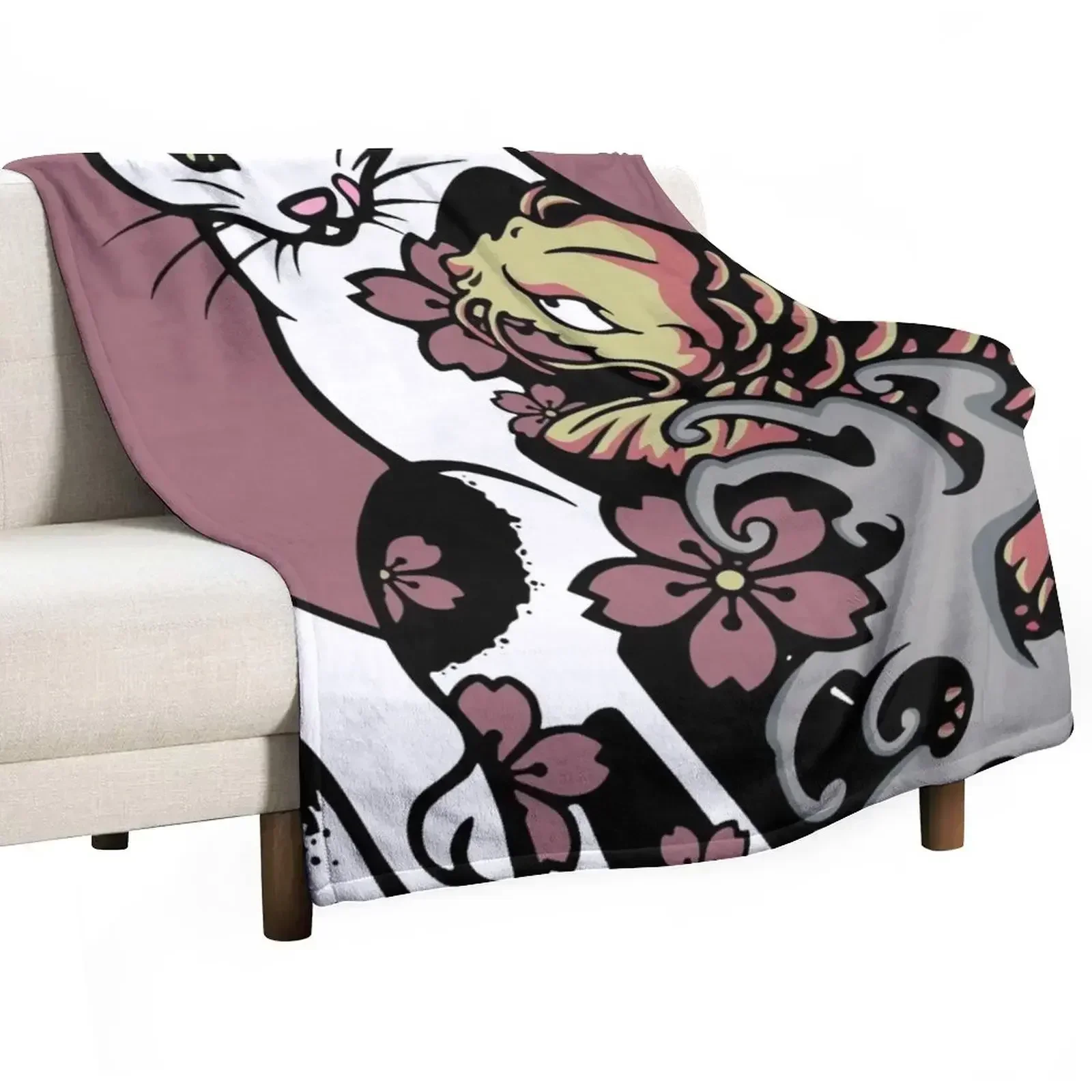 Monmon cat - Cat with japanese tattoo -Ko? Fish Throw Blanket Cozy Warm Blanket for Bed Room Decor