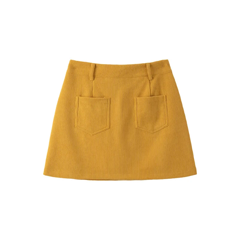 Women's High-Waist A-Line Short Skirt Spring Autumn Retro Brown Corduroy Skirts Woman Solid Color Straight Leg Pencil Skirt Mini
