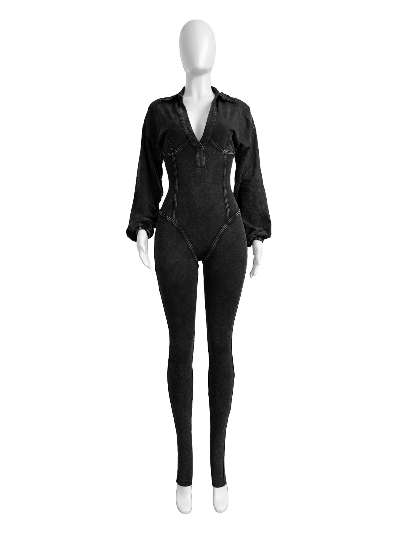 HR24102 Fashionable Women's Washed Aged Sexy Deep V Tight Long Sleeved Autumn And Winter Jumpsuit