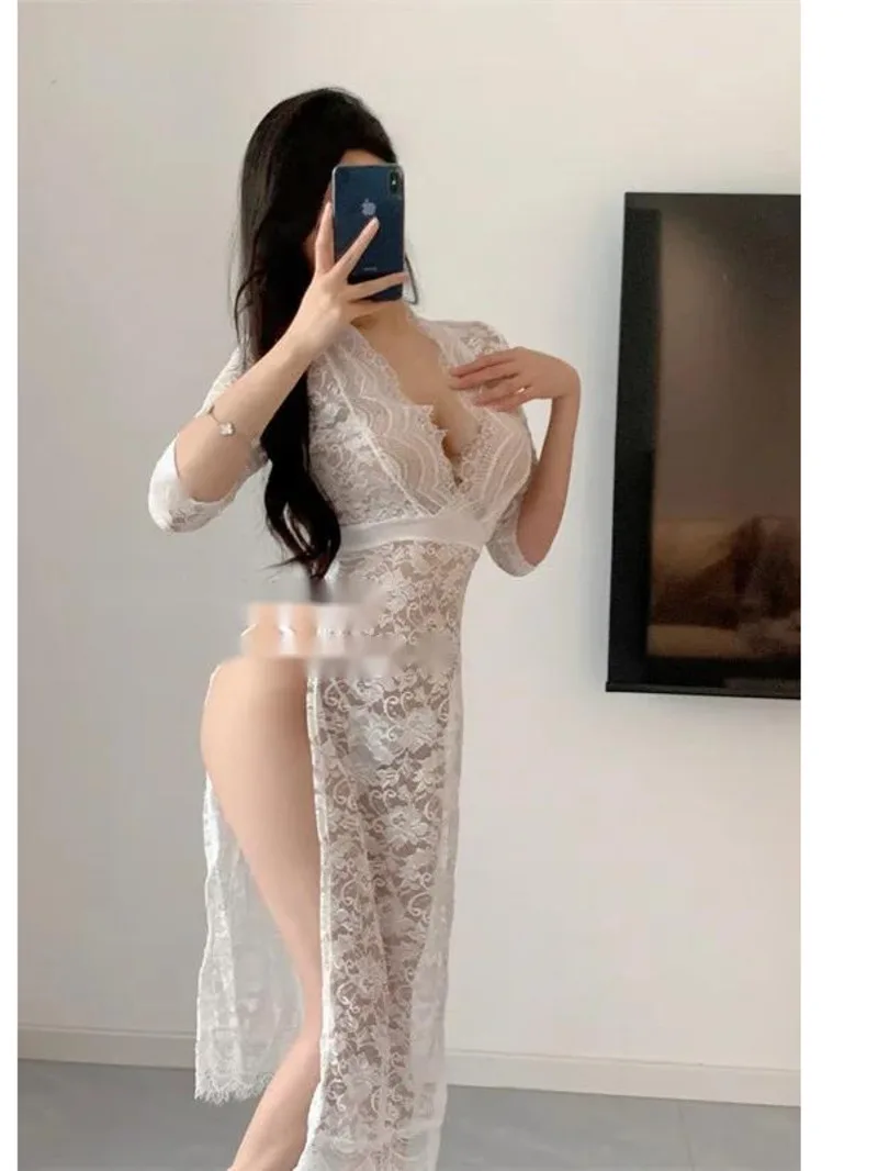 

Queen's Nightclub Uniform Long Sleeved Lace Mature New Side Slit Sexy Mature Charm New Long Lingerie Transparent Ol Dress ORIN