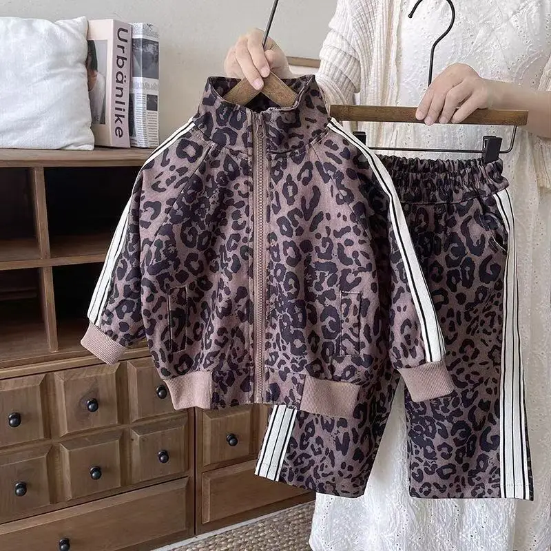 

Baby and Girls' Clothing Set Spring and Autumn 2026 New Children's Leopard Zipper Coat+Pants Sportswear Two Piece Set 90-140CM