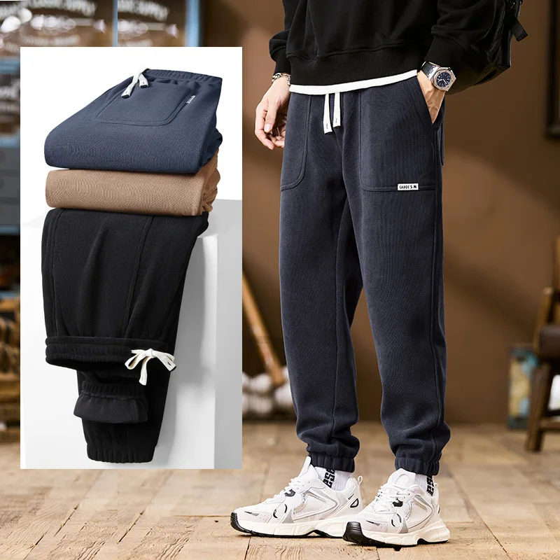 

Мужские толстые повседневные брюки, осень-зима, свободный крой, прямые брюки с эластичной резинкой на талии, теплая рабочая одежда, длинные брюки