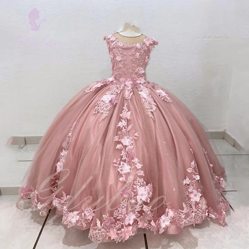 Vestido floral rosa para casamento, tule inchado, apliques frisados, sem mangas, aniversário, concurso de bebê, princesa, primeira comunhão