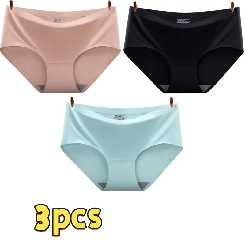 3PCS Underwear Women's Ice Silk Seamless Middle Waist Briefs Solid Color Thin Panties Young Girls Soft Cooling Underpanties