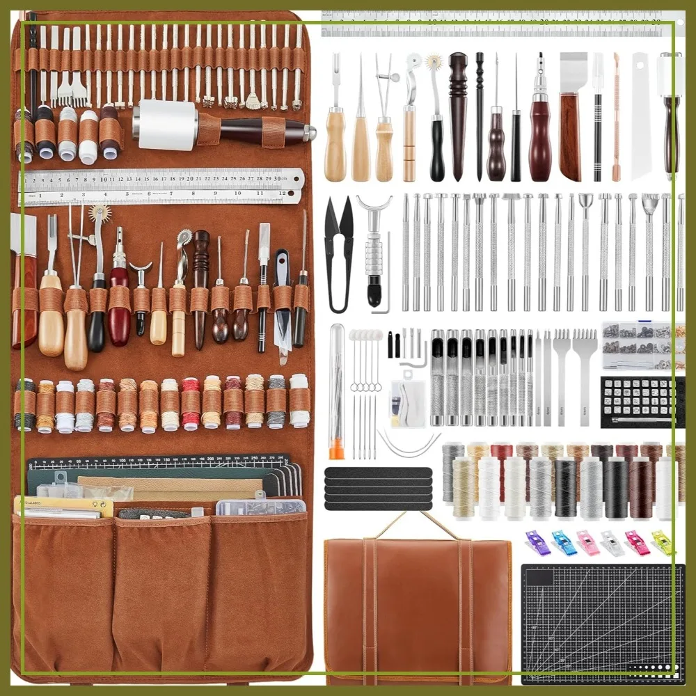 

Leather Working Tools Kit Max Version with Custom Handbag Cutting Mats Engraving Punching Sewing Stamping Sanding for Handicraft