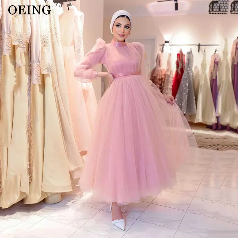 

OEING Elegant Muslim Arabic Women Evening Dresses Pink Long Sleeves High Neck Ankle Length Silk Prom Gowns Formal Party Dress