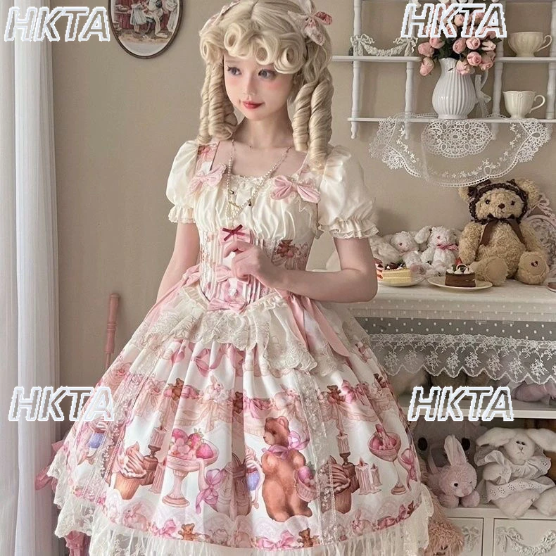 ヴィンテージかわいいカワイイロリータドレス甘いスクエアネックバブル半袖レースステッチリボンプリンセスボールガウンドレス女性
