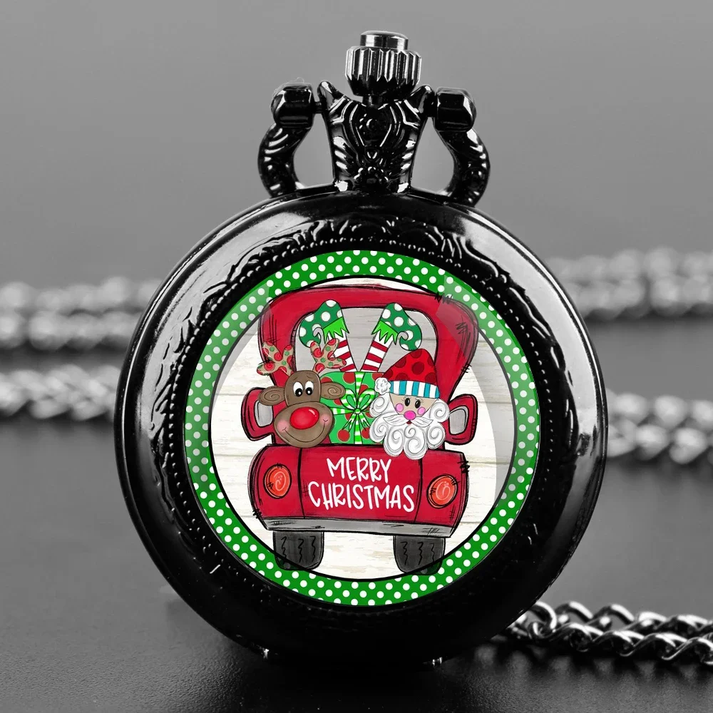 

Merry Christmas Handmade Glass Dome Quartz Pocket Watch With Durable Chain Arabic Numeral Dial Extraordinary Gifts for Men Kids