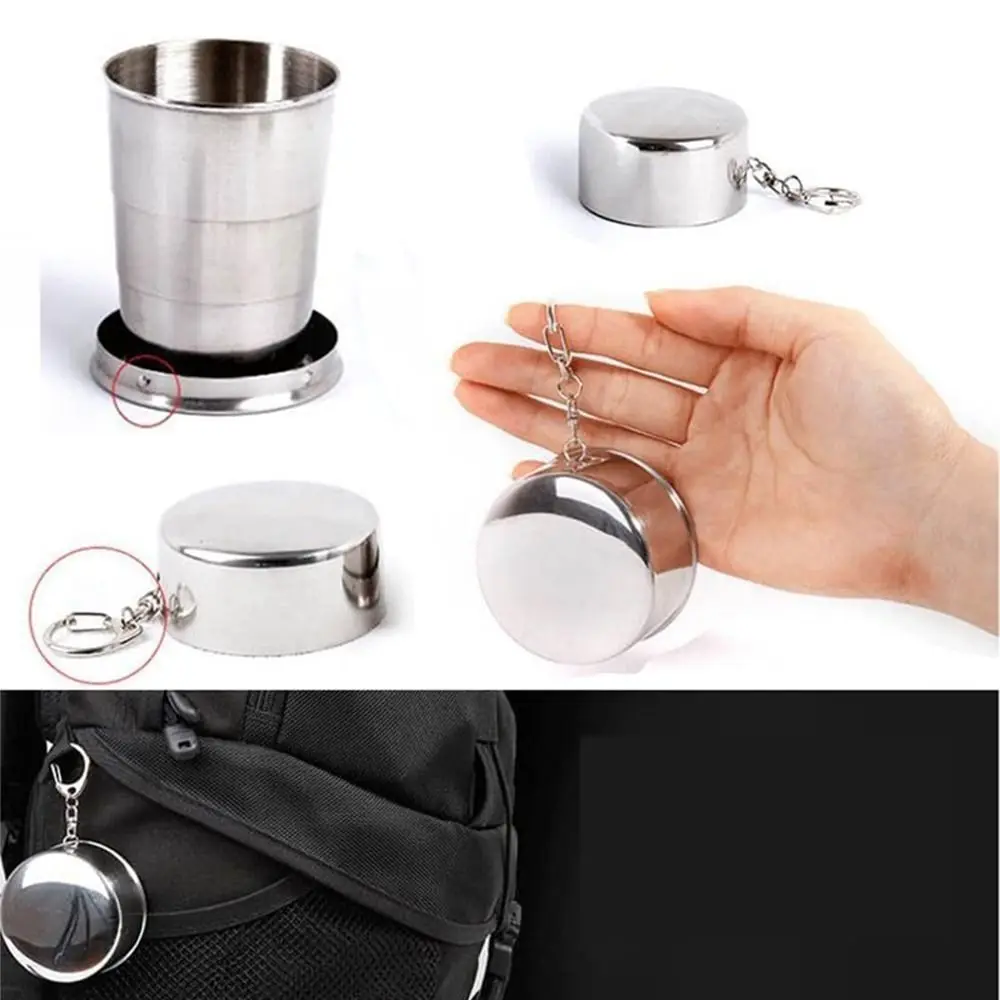 Sturdy Stainless Steel Folding Cup Collapsible 3 Size Water Drinking Cup Portable with Keychain Camping Mug Hiking