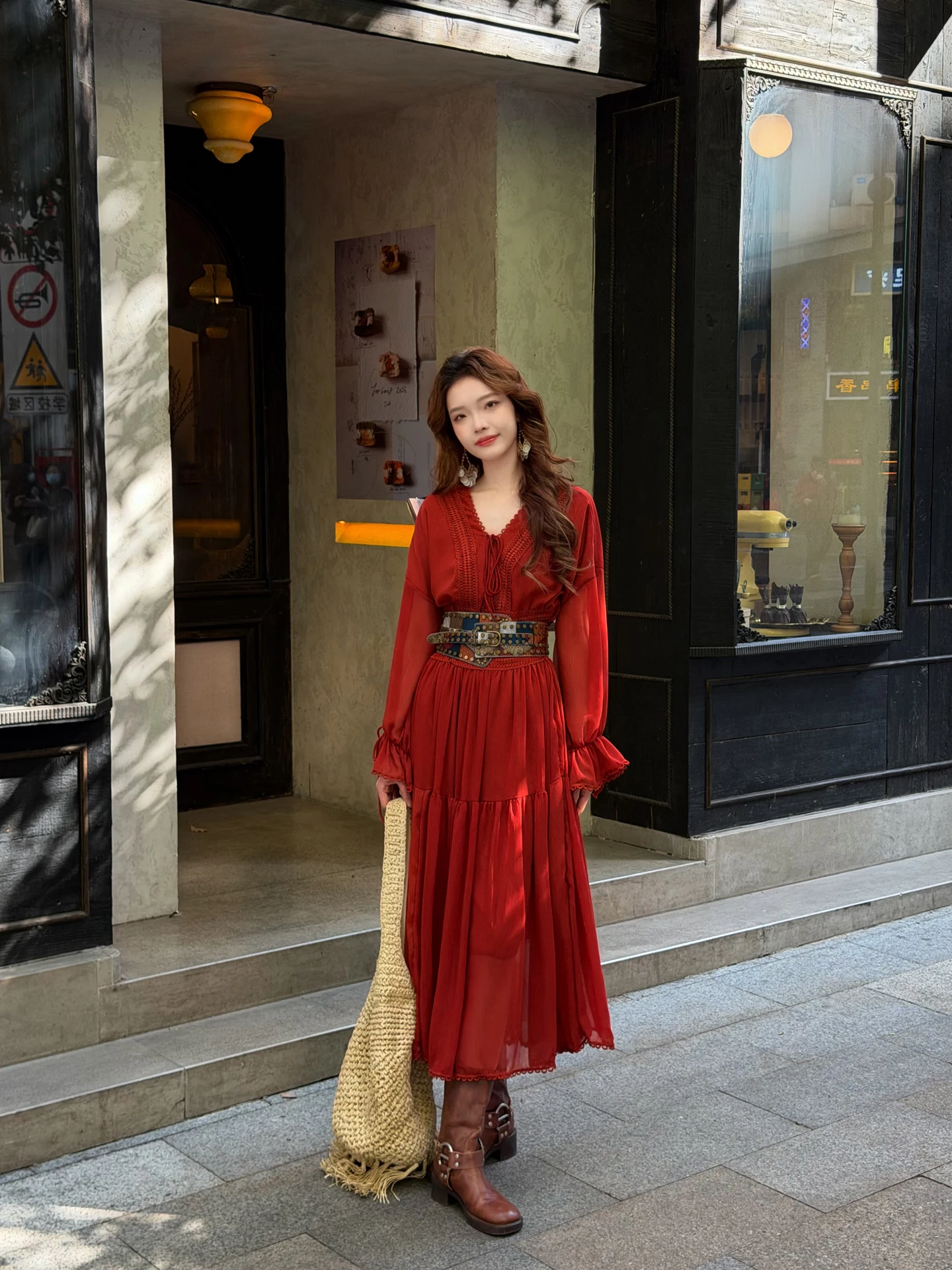 Bohemian Red Dress And Vest Two-Piece Set Vacation Style Long Skirt for Western Sichuan Desert Travel Retro Outfit