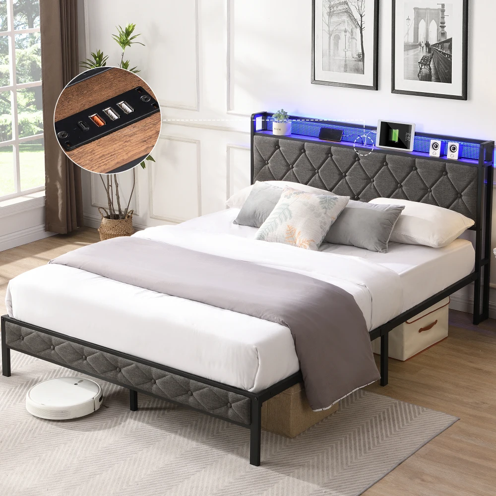 

Queen Bed Frame with Storage Headboard, Charging Station and LED Lights, Upholstered Platform Bed with Heavy Metal Slats, No Box