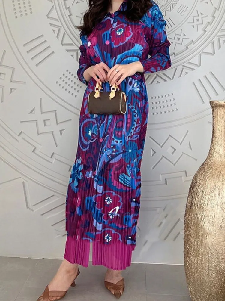 Fashion Print Design Pleated Long Dress For Women Lapel Contrast Color Single Breasted Belt Long Dresses 2024 Autumn New