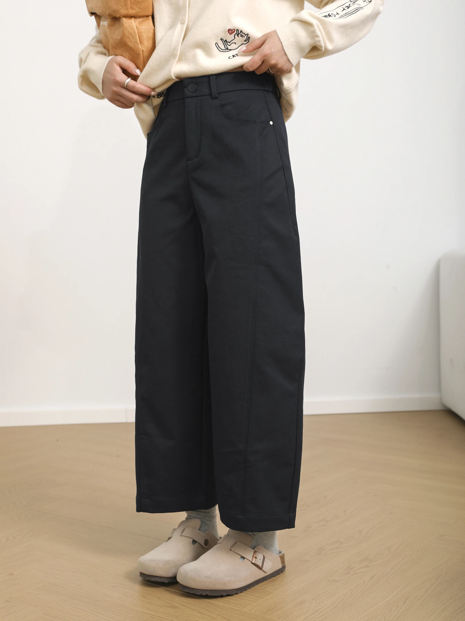 

Удобные широкие повседневные брюки Tee Wood Social, осенняя новинка, укороченные, с эластичным поясом, из полиэстера, с высокой талией