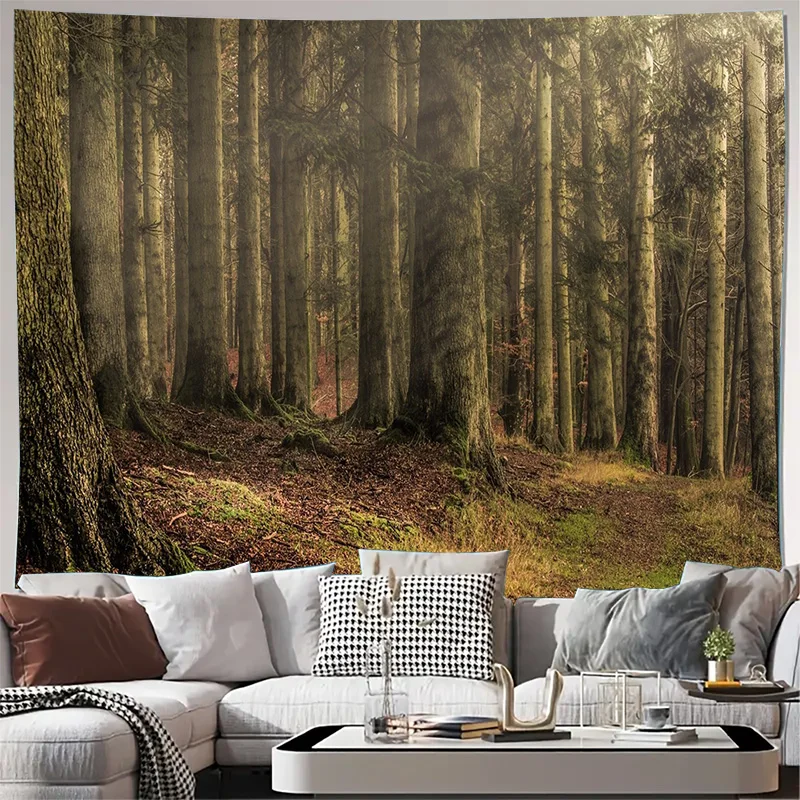 Misty Deep Forest with Tall Trees and Sunlight Wall Tapestry Machine Washable All Season Decor Print Home Elevate Your Space