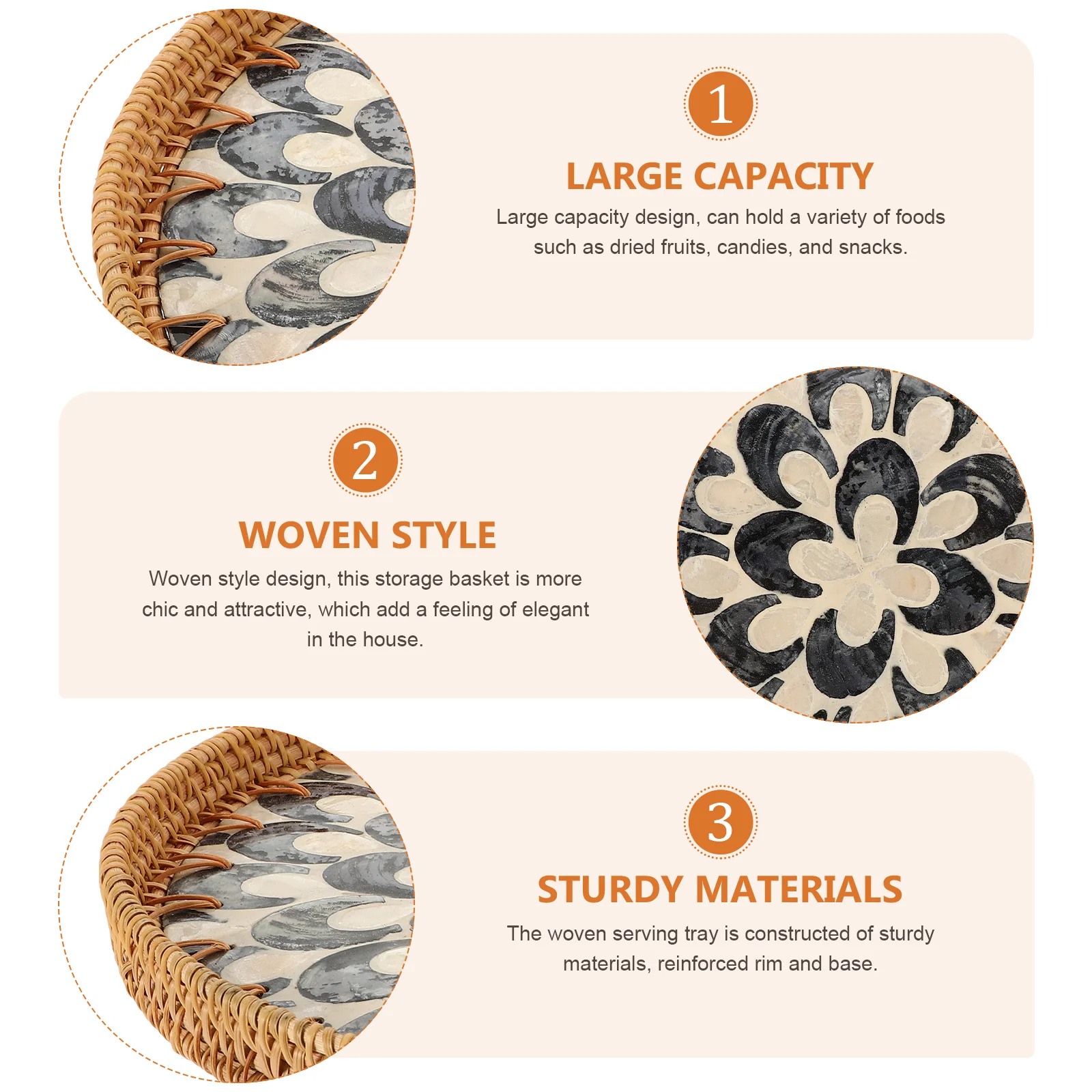 سعة كبيرة الروطان سلة مغزولة مستديرة الفاكهة وجبات خفيفة تخزين حامل المطبخ تخدم صينية ديكور المنزل المنظم