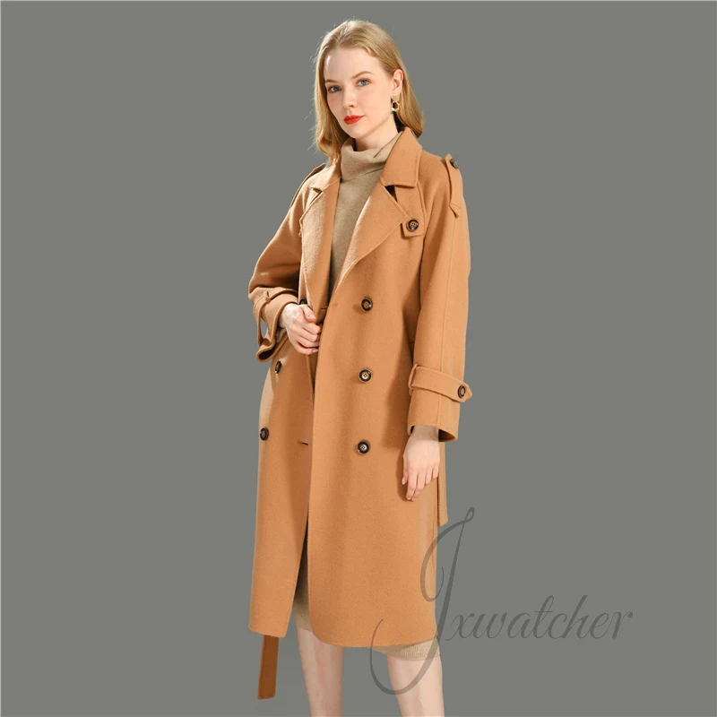 Jxwatcher Women's Double faced Cashmere Wool Blend Coat Classic Simplicity Trench Coats Fall Winter New Arrival Overcoat Female