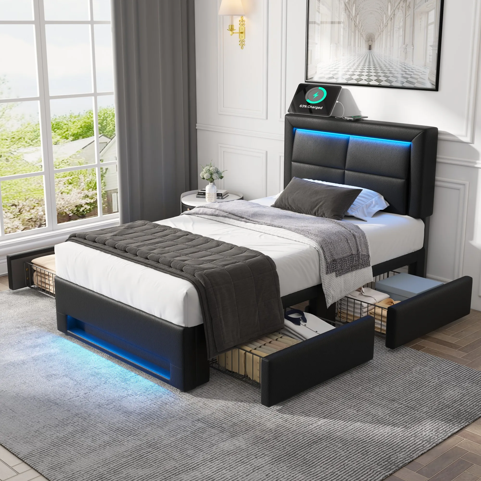 Lit simple 90 × 200 cm avec charge USB sans fil, LED et 4 tiroirs - sans matelas, PU noir