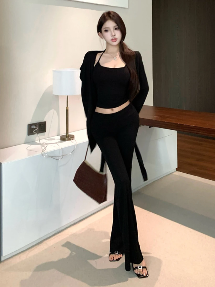 Gray Casual Versatile Long Sleeve Vest with Chest Pad Neck Hanging Belted Cardigan And Pants Set for Commuting And Leisure