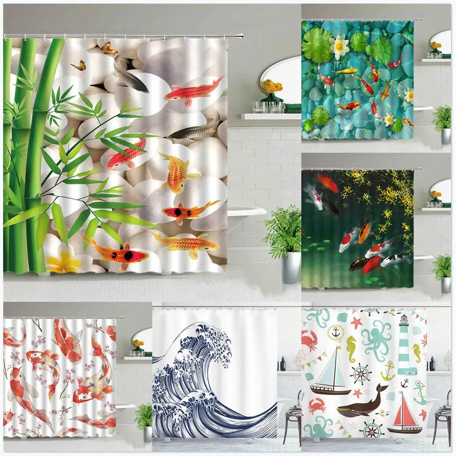 Koi Fish Print Shower Curtain Waves Oil Painting Landscape Bath Screen Waterproof Fabric Background Wall Decor Cloth Curtains