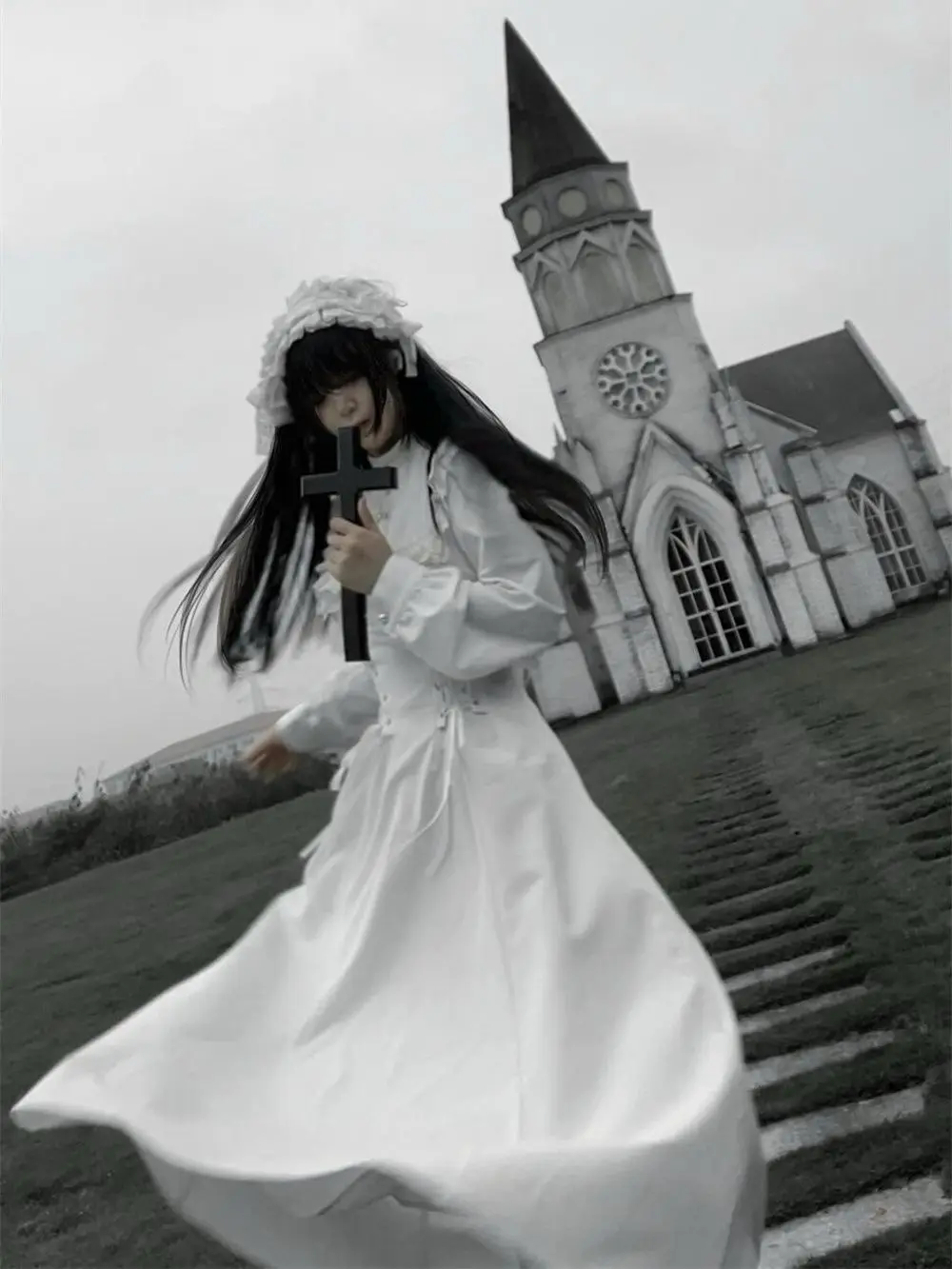 

MAGOGO Lolita Y2k Gothic Style Lace Splicing Lace-up Long Dress Women Spring New Elegant Retro Ruffles Long Sleeve Midi Dresses