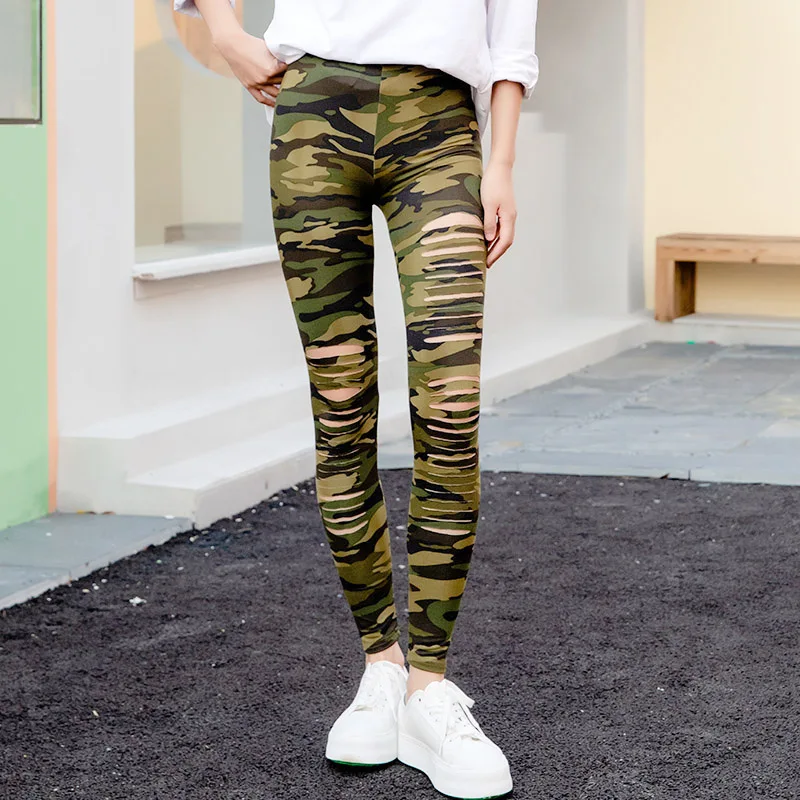 

Fashion Personality Camouflage Print Women's Leggings Casual Hollowed-Out Holes Rock Punk Hottie Lolita Cropped Pants