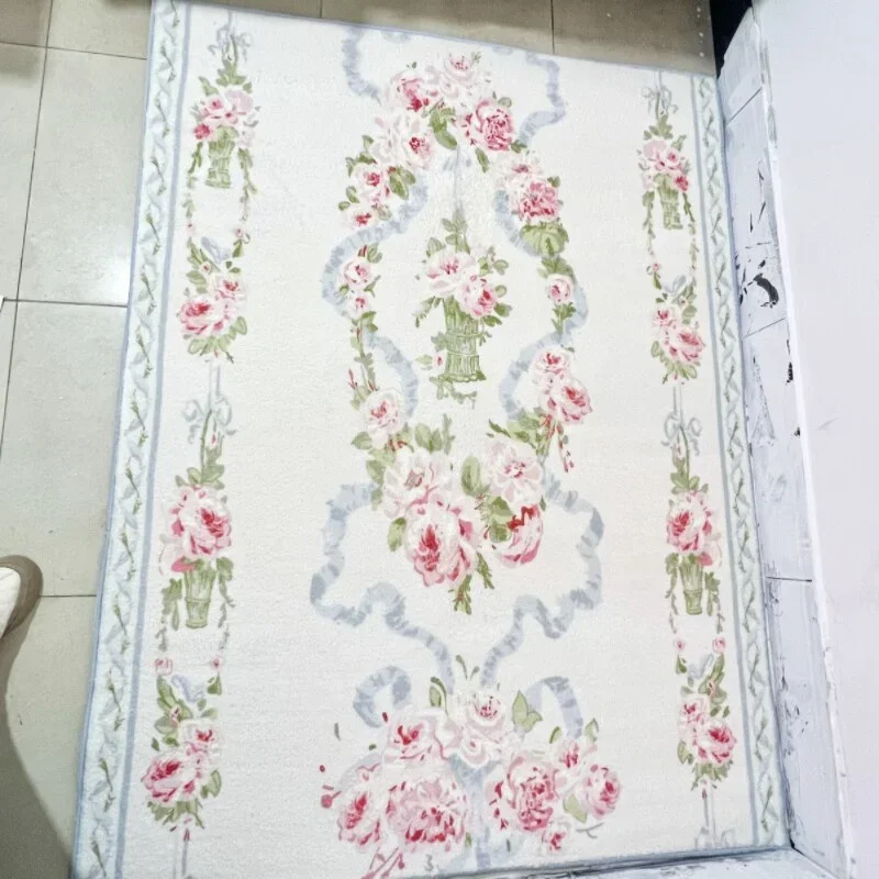 French Pastoral Style Plush Bedside Rugs For Bedroom Vintage Carpet Pink Doormat Non-Slip Home Decoration 120x160cm