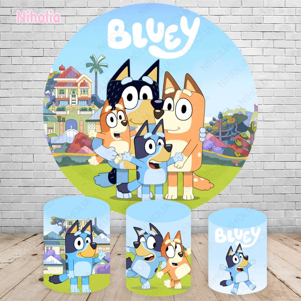 Cartoon Animation Bluey Theme Round Backdrop Cover Kid Boy Birthday Party Background Photography Cylinder Banner Decor Banner