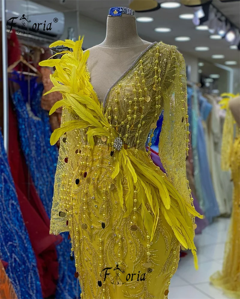 Vestido de noche de sirena con cuentas amarillas, manga larga, plumas, baile de graduación, borla, perla, encaje, elegante, vestidos de fiesta de boda personalizados, nuevo