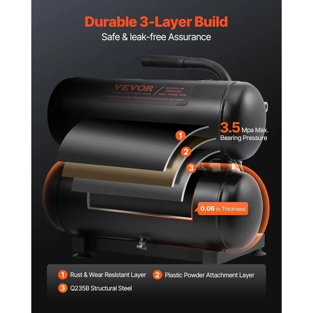 Compressor de ar sem óleo de 1 HP 2,2 CFM com tanque de aço de 4,6 galões, ultra silencioso 80dB, pressão máxima de 120 PSI