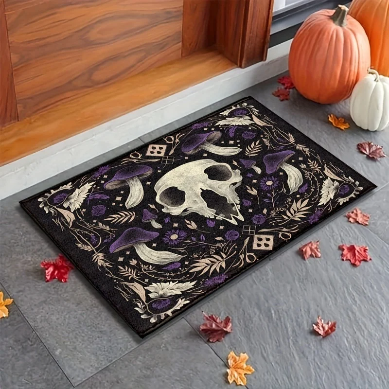 Newest Black Background Bird Skull Purple Mushroom Floral Print Halloween Doormat Non Slip Outdoor Front Entrance Floor Mat
