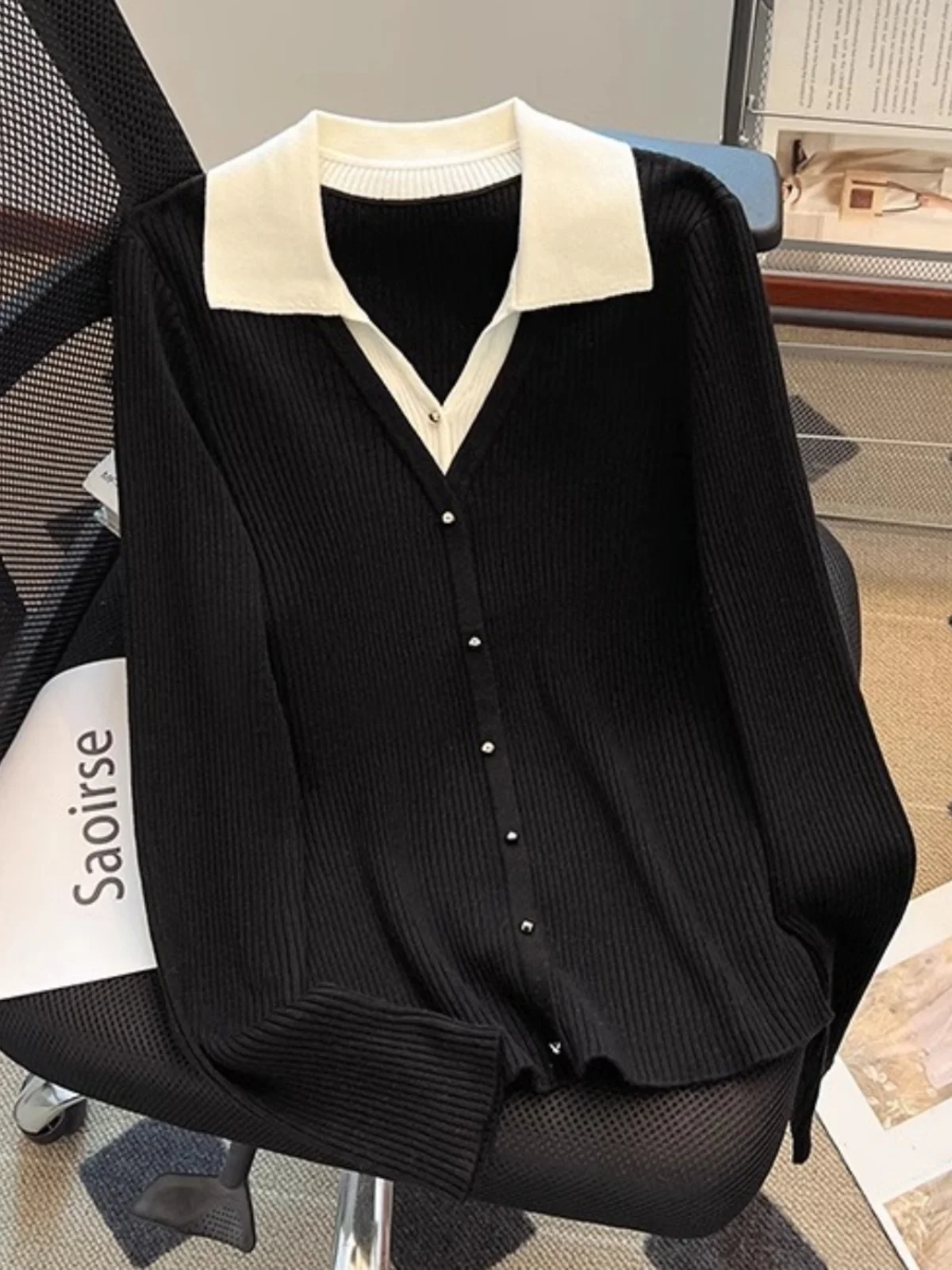 

Slimming Loose Fit Ne Splice Knitwear Women's Faionable Fake Two-Piece Sweater Commute Sle Long Sve Autumn Winter