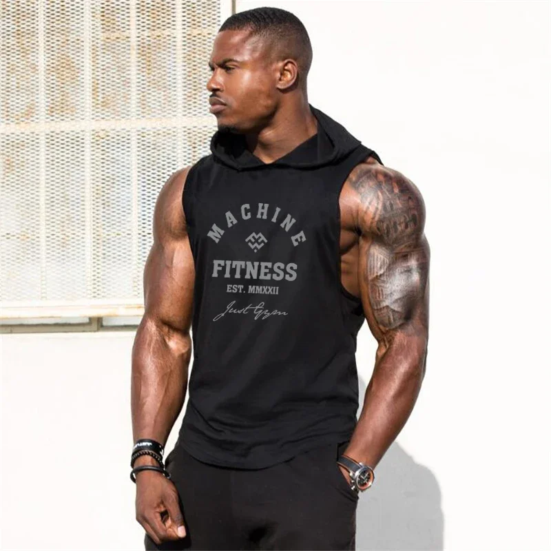 MACHINE FITNESS Mens Gym Hooded Tank Top Cotton Bodybuilding Clothing Summer Muscle Fit Sleeveless Hoodies Shirt Sports Singlets