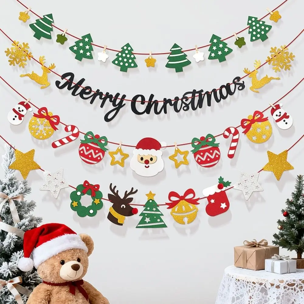Felt Christmas Banner Red Green Elk Design Xmas Pull Flag Hanging Ornament Santa Design Hanging Bunting Christmas Party