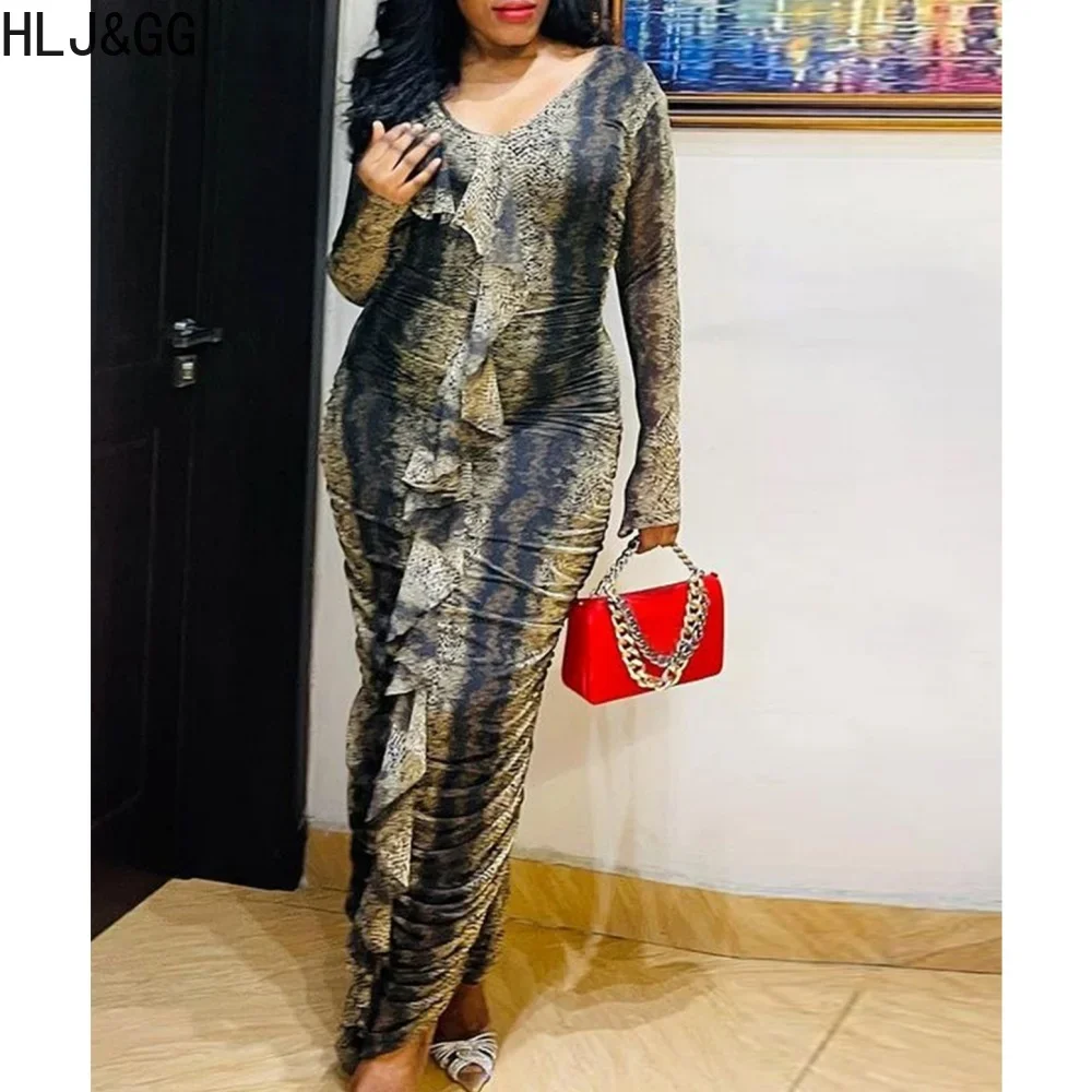 

HLJ&GG Sexy Snake Printing Ruffle Bodycon Dresses Women V Neck Long Sleeve Slim Vestidos Fashion Female Ruched Dress Clothing