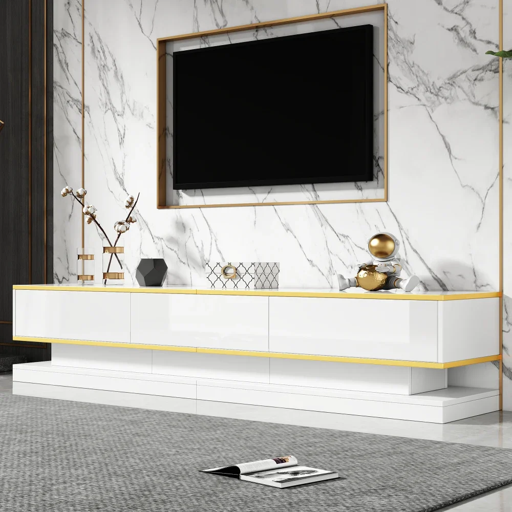 Moderner TV-Ständer mit 3 Schubladen, warmweißes Lowboard, goldener Rand, Wohnzimmer-Aufbewahrungsschrank – Detail 2
