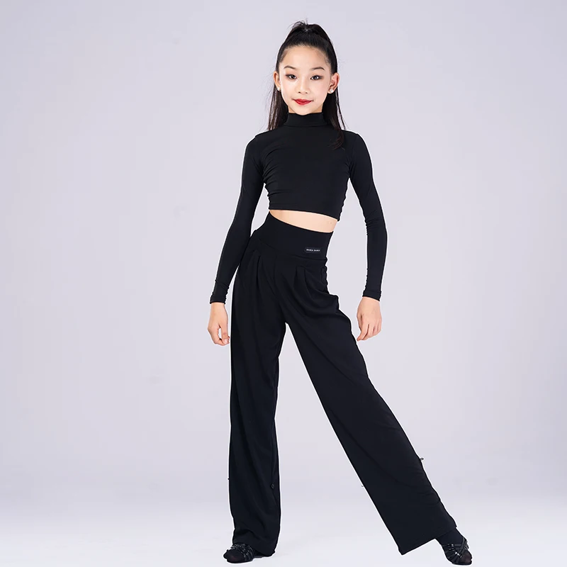 New autumn and winter girls' Latin dance outfit with high collar, short straps, long sleeves, high waisted pants