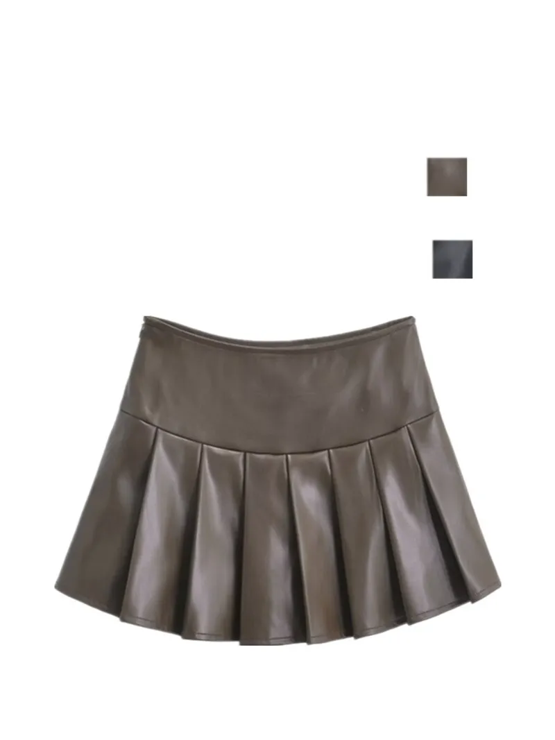 

American Western Spicy ort Skirt A-Line Anti-Light f-Length Pleated Leather Skirt Street Sle High Waist Pure Color