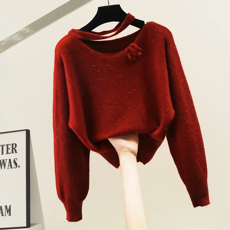 

Korean Sle round Ne Cross Belt Hollow out iny Tead Decorated Sweater Women's Overhead Lazy Sle Warmth Heating