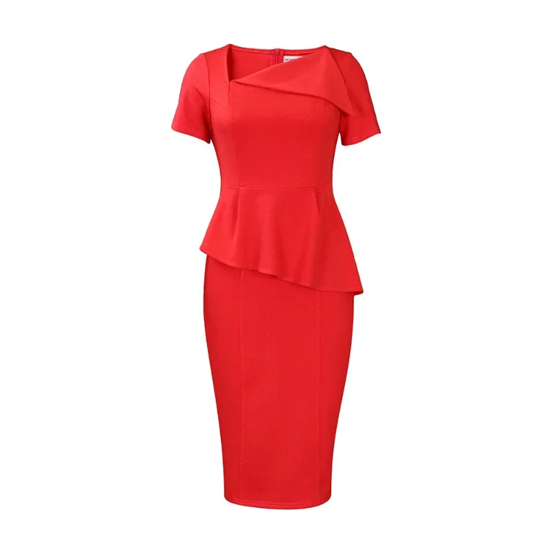 Women Elegant Party Dress Short Sleeves Peplum Skew Collar African Package Hip Female Classy Office Ladies Modest Work Wear New