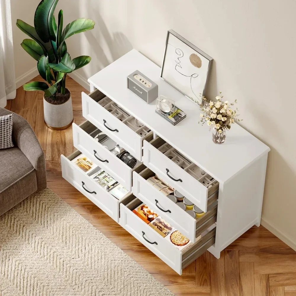 

White Dressing Table Cabinet with Metal Handles, 6 Drawers Modern Wooden Double Drawer Chest for Bedroom, Living Room
